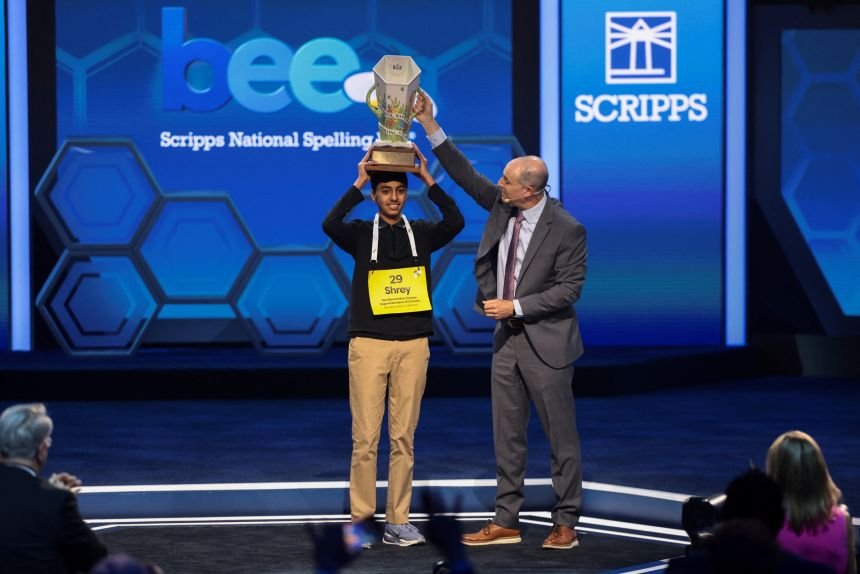 Shrey Parikh celebrating after winning the Scripps National Spelling Bee championship.