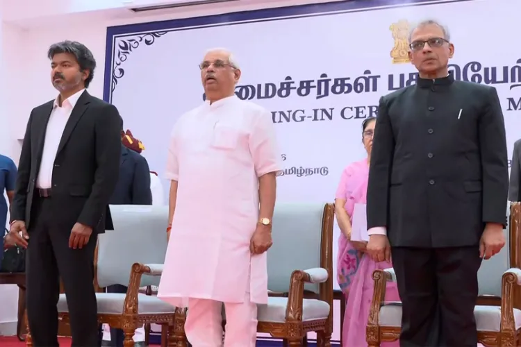 Tamil Nadu Chief Minister Joseph Vijay with newly inducted ministers during cabinet swearing-in ceremony