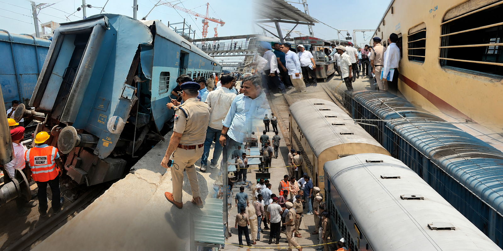 Police and railway officials inspect damaged Delhi–Shri Vaishno Devi Katra Special train coach at Ludhiana Railway Station.