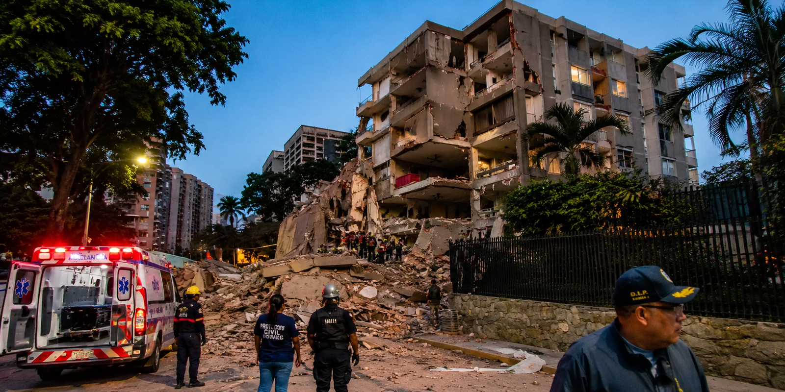 Rescue teams search collapsed buildings after Venezuela earthquake.