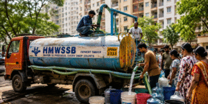Water tanker supplying water to apartment complex amid Hyderabad water shortage