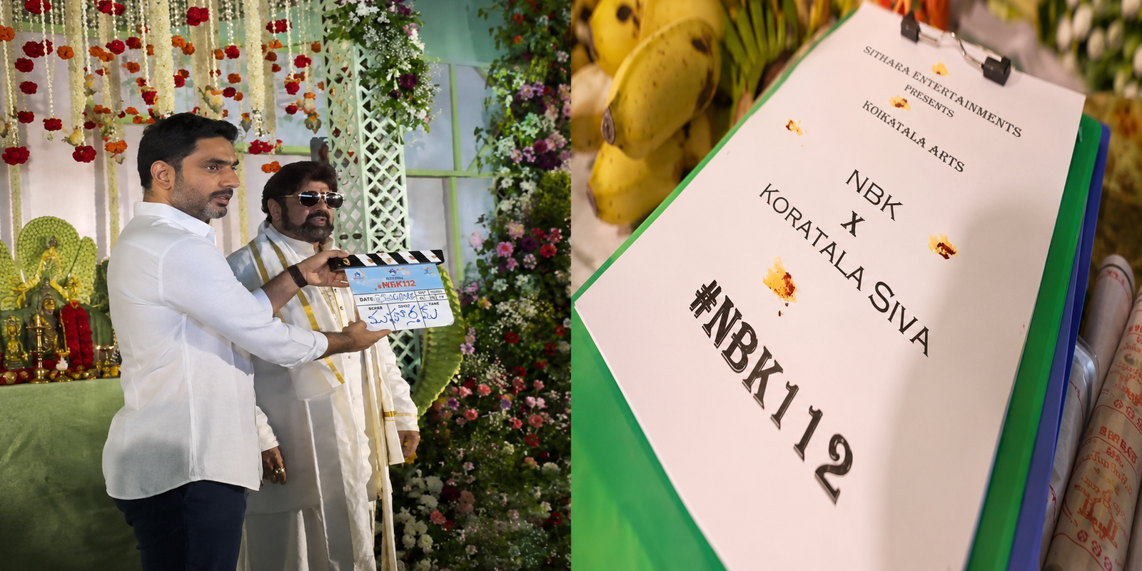 Balakrishna and Koratala Siva at NBK112 launch in Amaravati.