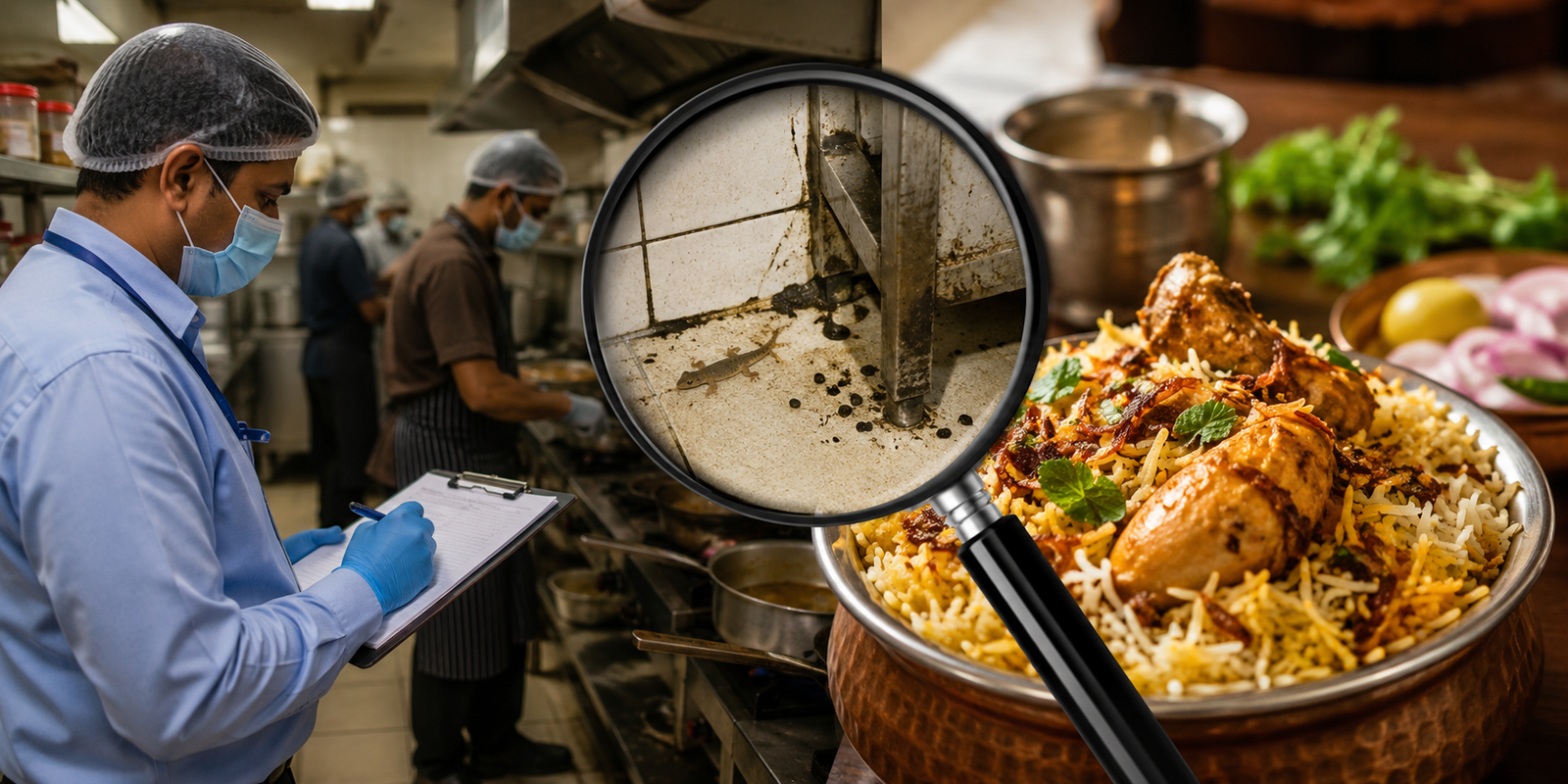 Food safety inspection at a Hyderabad restaurant kitchen.