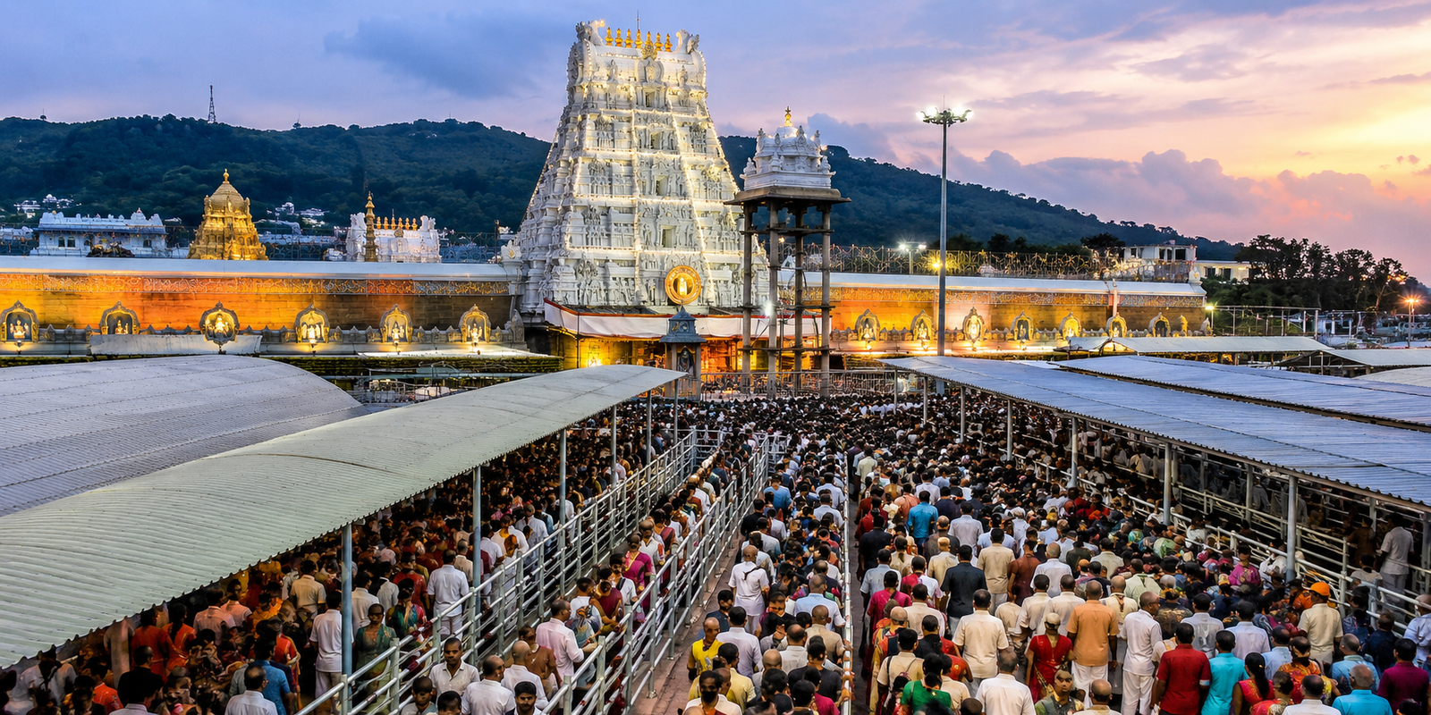 Devotees waiting in long queues at Tirumala Srivari temple for darshan.
