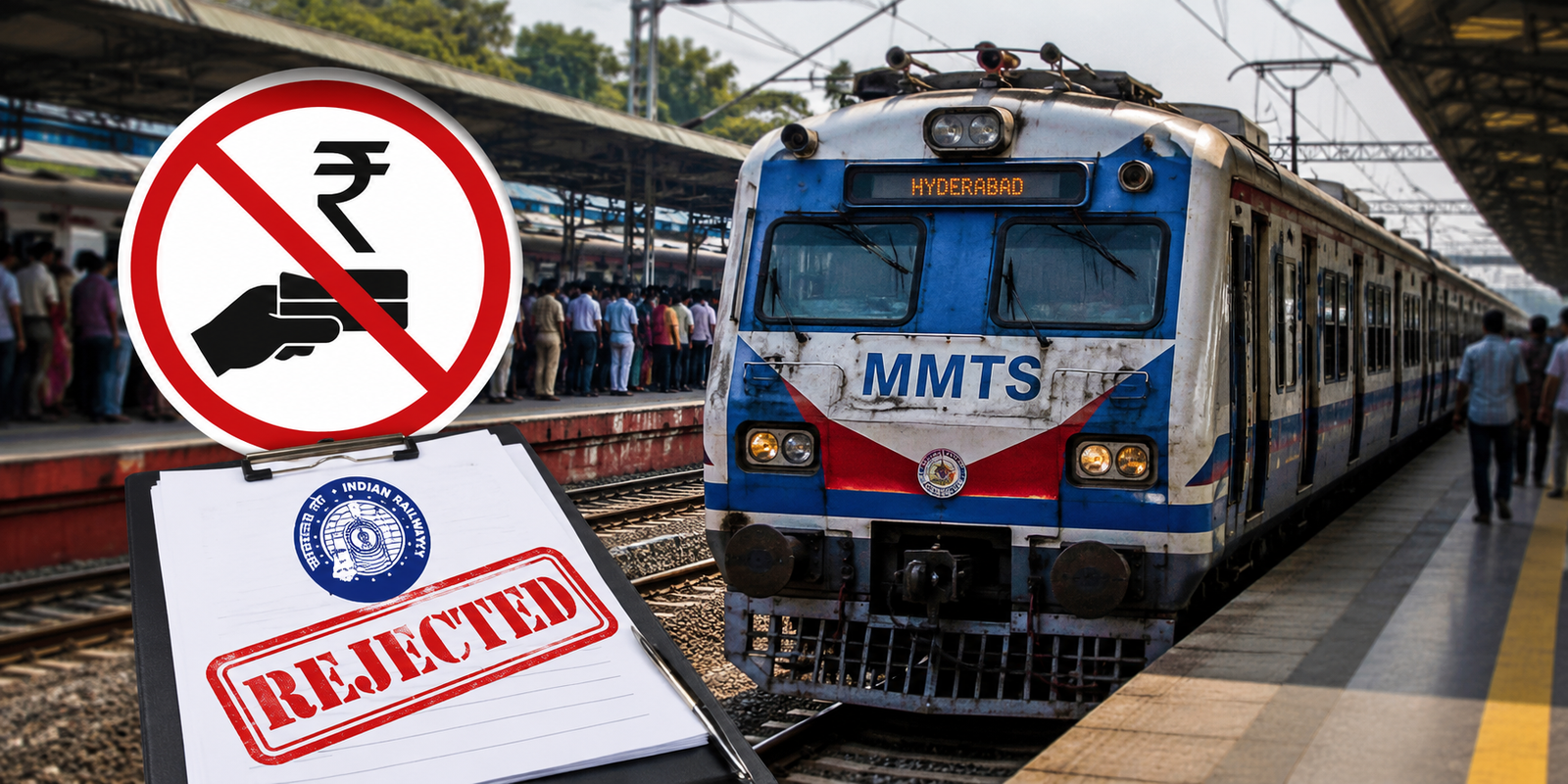 Hyderabad MMTS suburban train at station amid debate over free travel proposal.