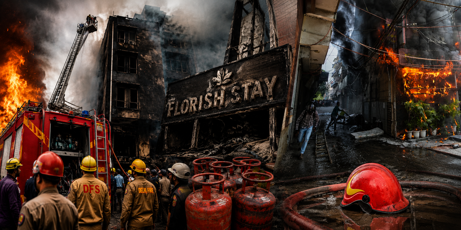 Flourish Stay hotel building in Delhi after deadly fire that killed 21 people.