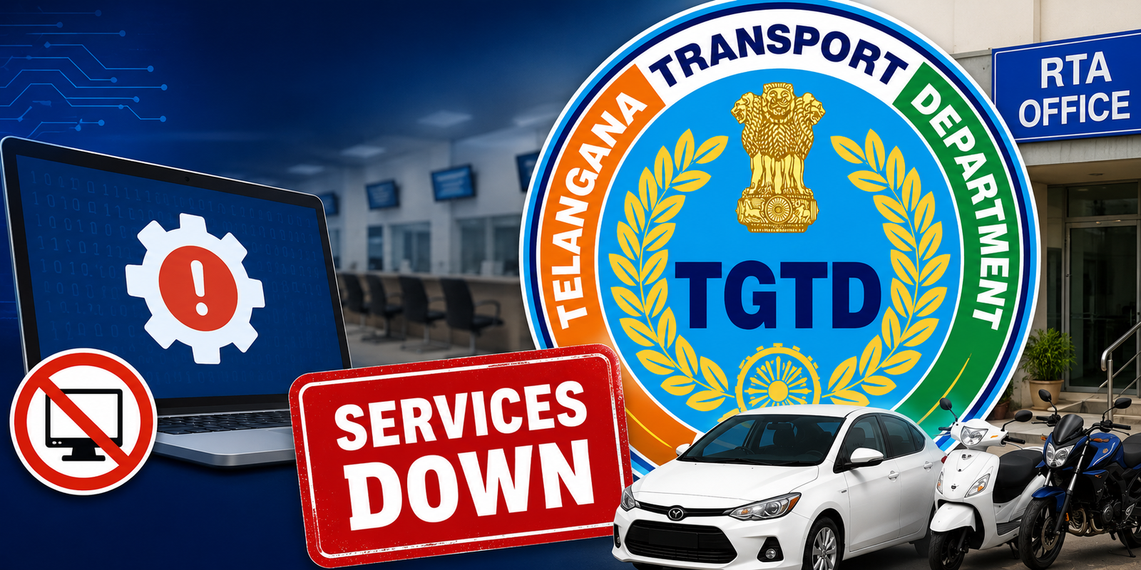 Telangana RTA office as Sarathi services remain unavailable due to software issues