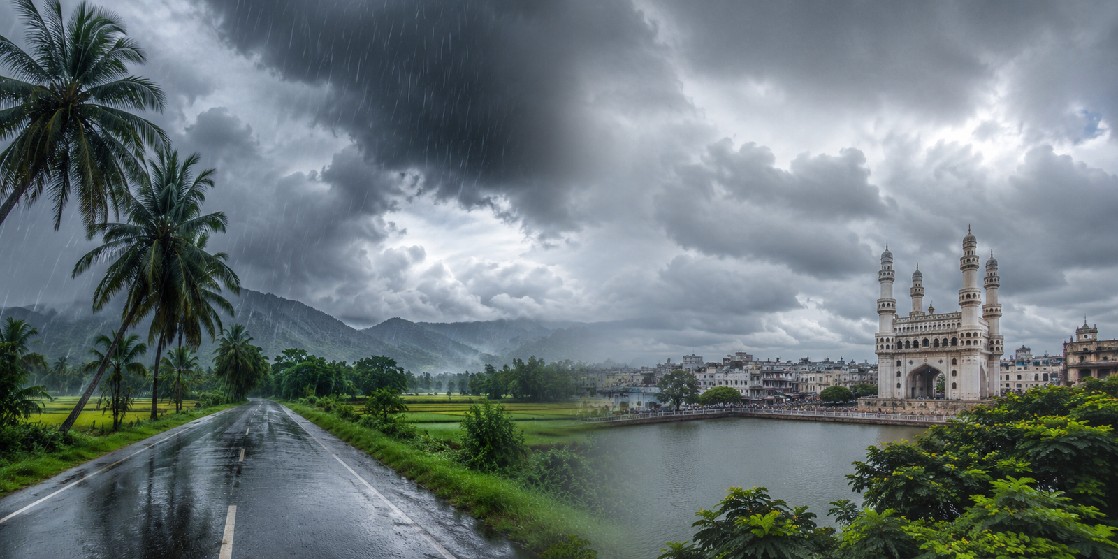 Southwest monsoon clouds bring rainfall and cooler weather across Andhra Pradesh and Telangana.