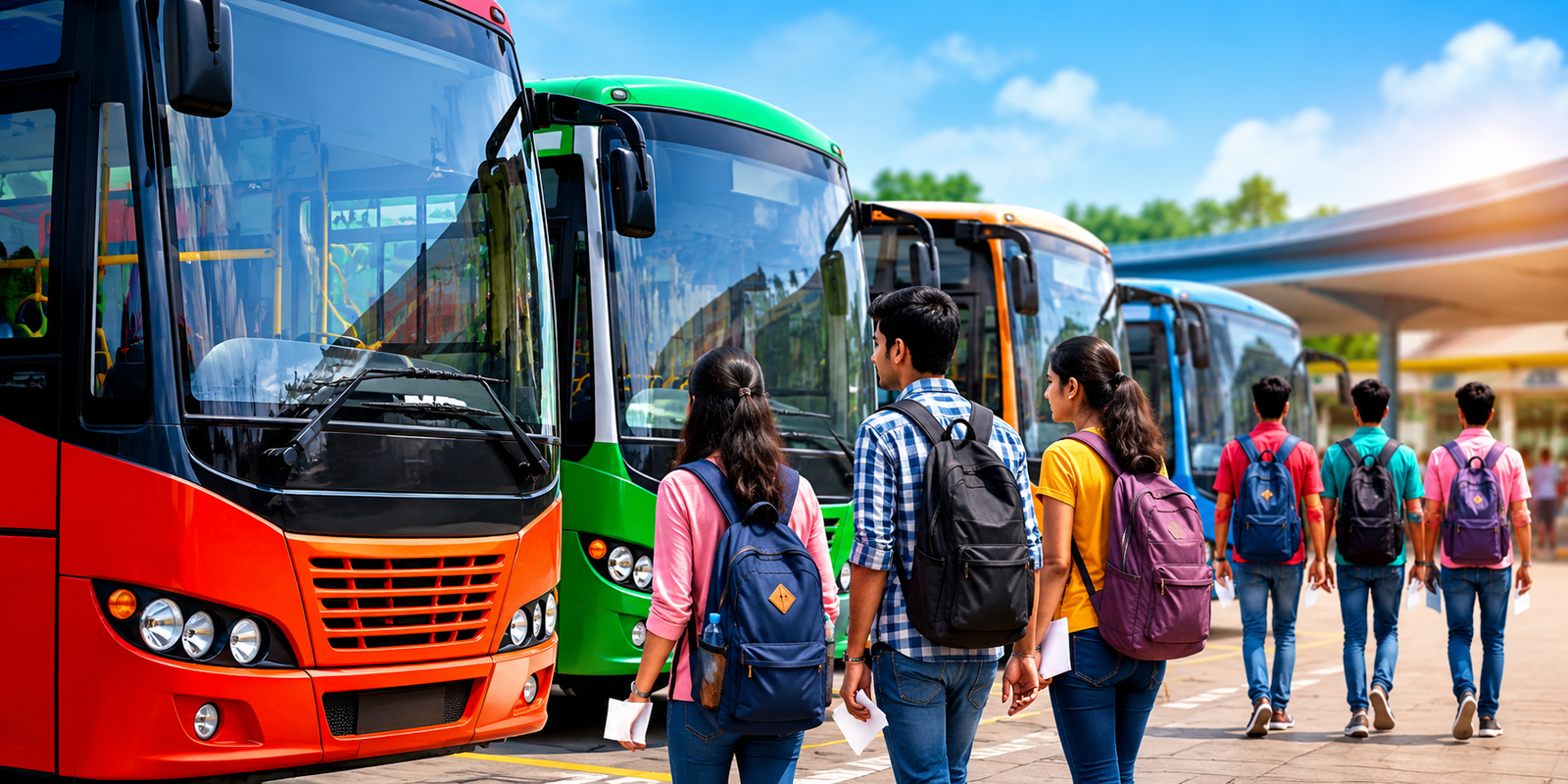 NEET UG students boarding APSRTC bus under free travel scheme in Andhra Pradesh
