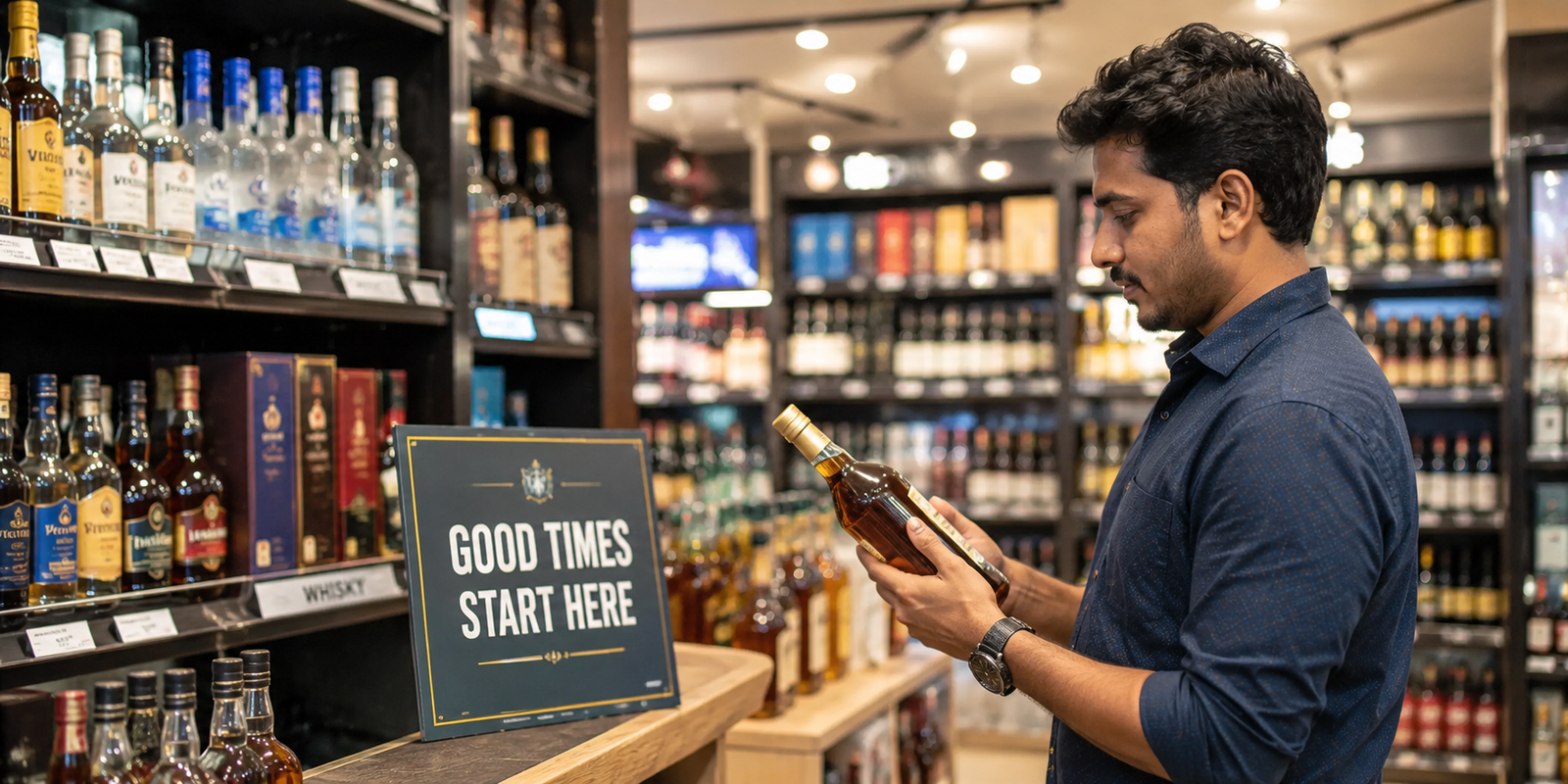 Airport terminal with liquor shop under new AP rules.