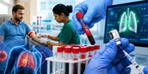 Scientists studying blood samples for early prediction of lung cancer risk.