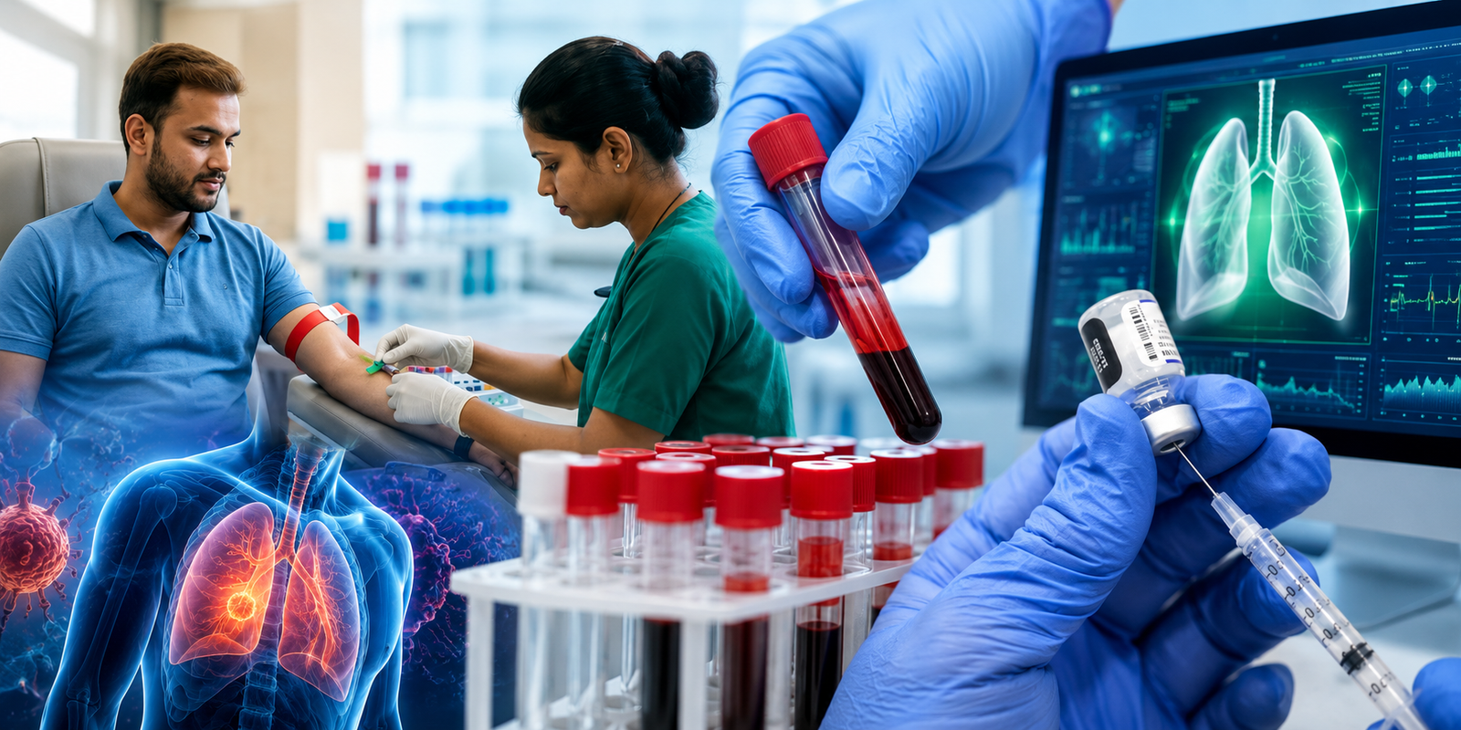 Scientists studying blood samples for early prediction of lung cancer risk.