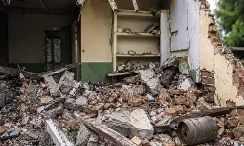 Damaged house after mysterious blast in Hyderabad's Saroornagar.