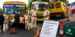 Telangana transport officials inspecting school buses for fitness and safety compliance