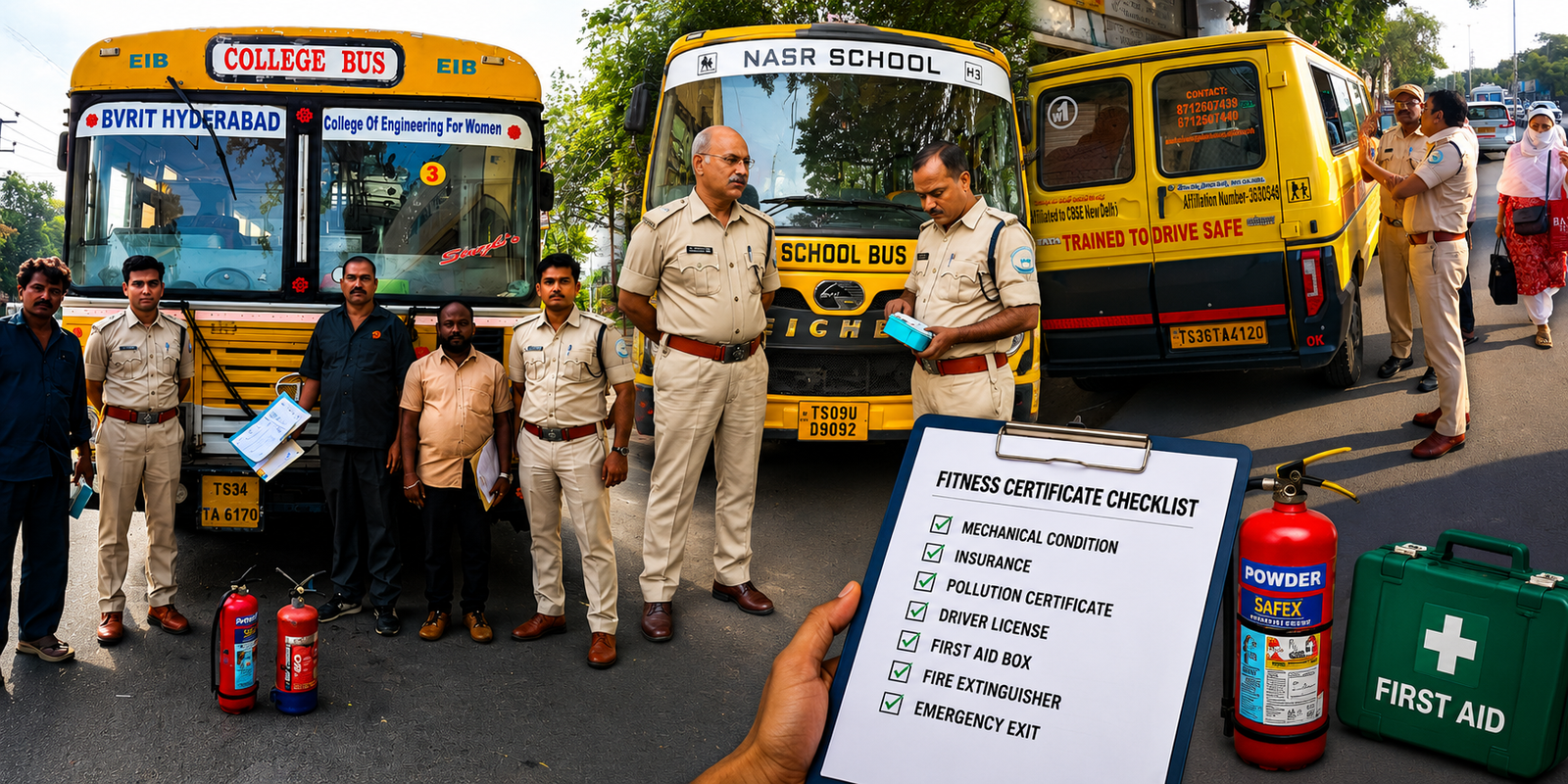Telangana transport officials inspecting school buses for fitness and safety compliance
