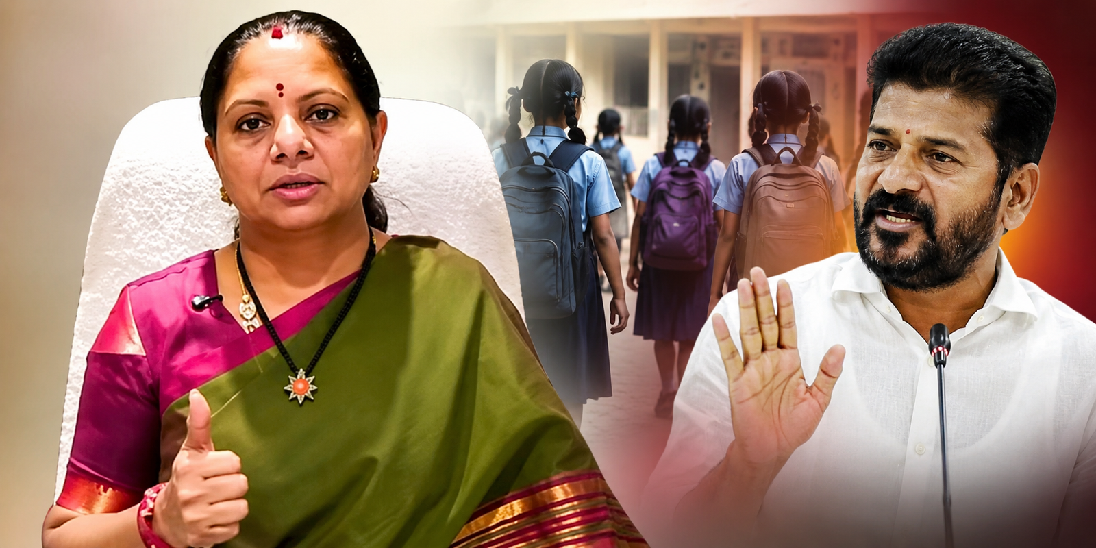 K Kavitha criticising Telangana government's school merger proposal and HYDRAA controversy in Hyderabad.