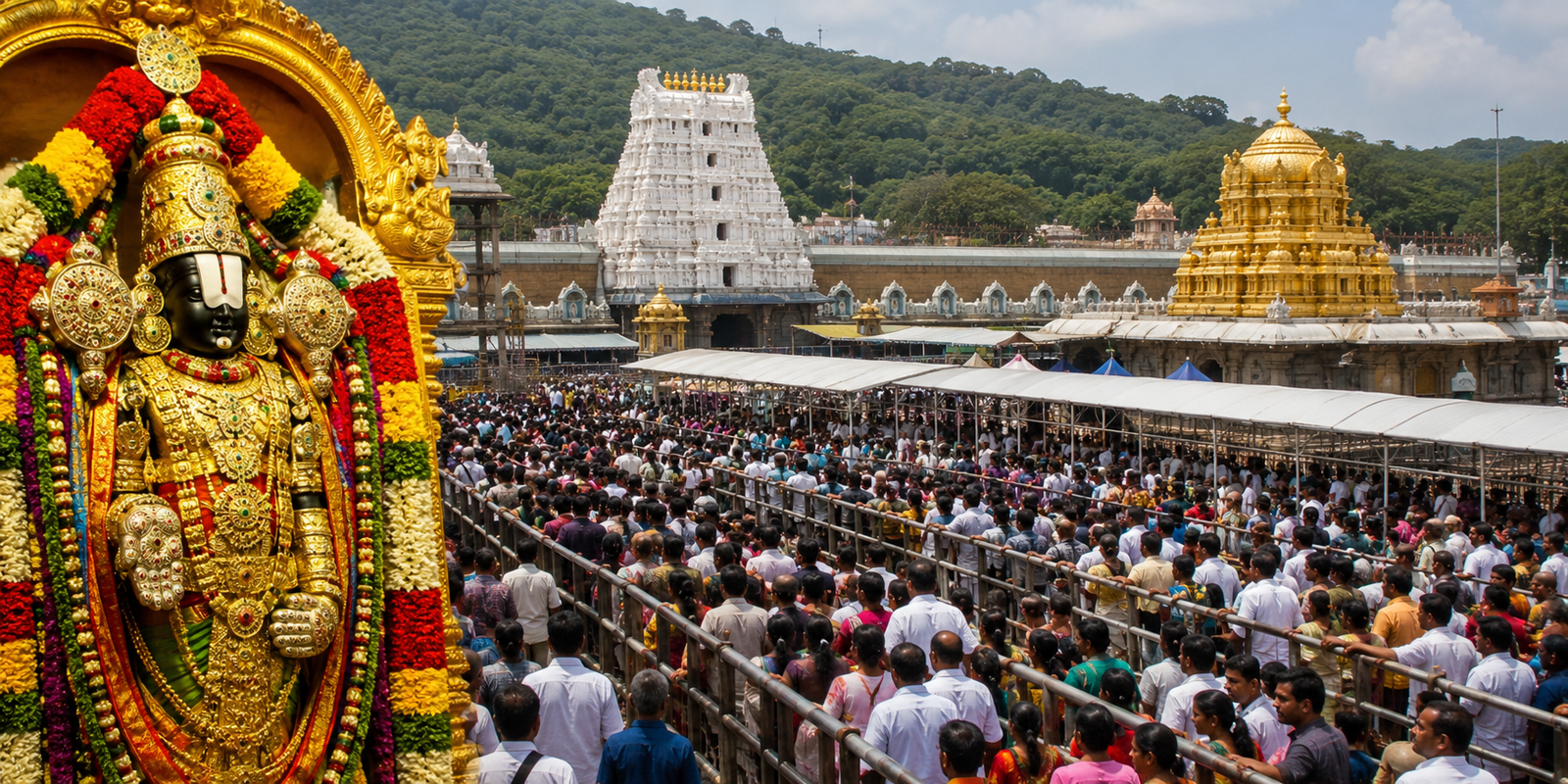 Devotees waiting in long queues for Srivari darshan at Tirumala temple amid heavy rush.