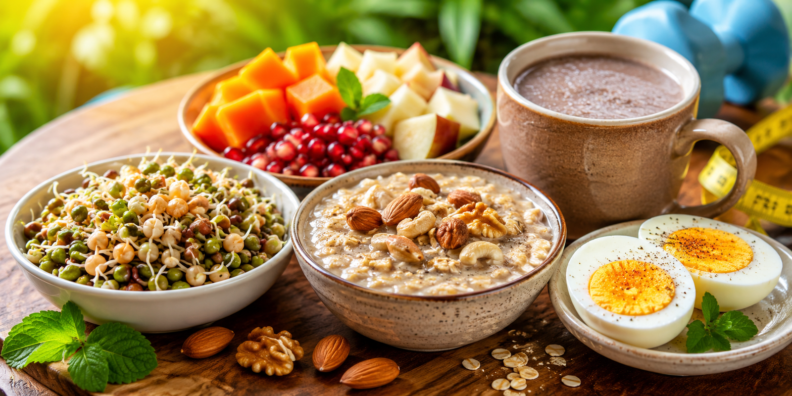 Healthy breakfast with sprouts, fruits, oats, boiled eggs and ragi java