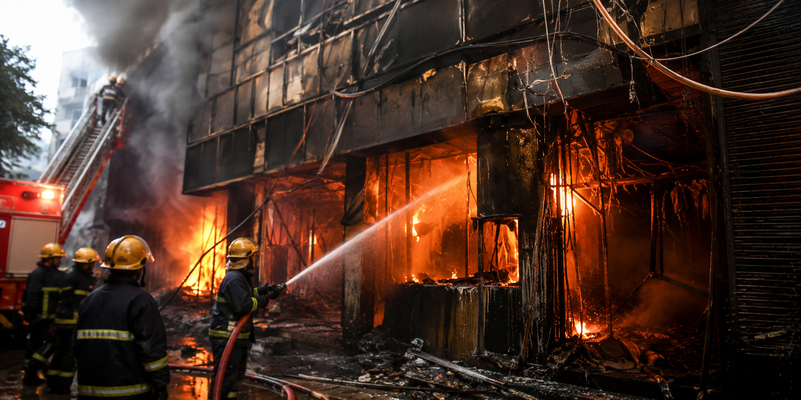 Firefighters conducting rescue operations after a major fire at Lemon Green Restaurant in Delhi's Malviya Nagar.