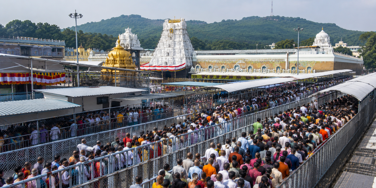 Devotees waiting in long queues at Tirumala Vaikuntham Queue Complex for Srivari Darshan.