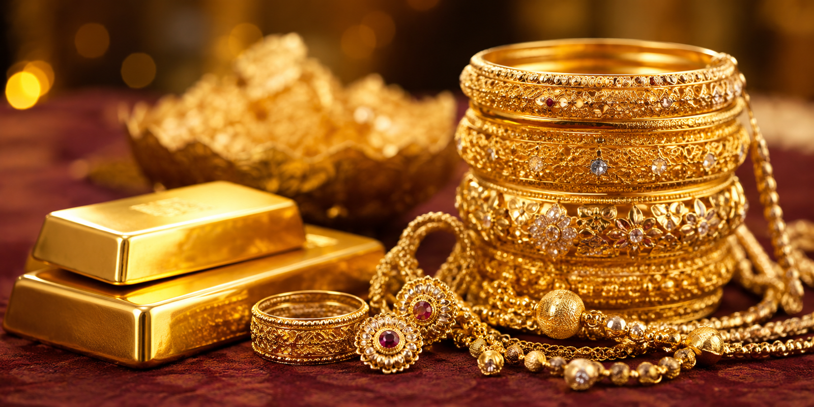 Gold ornaments displayed at a jewellery showroom.