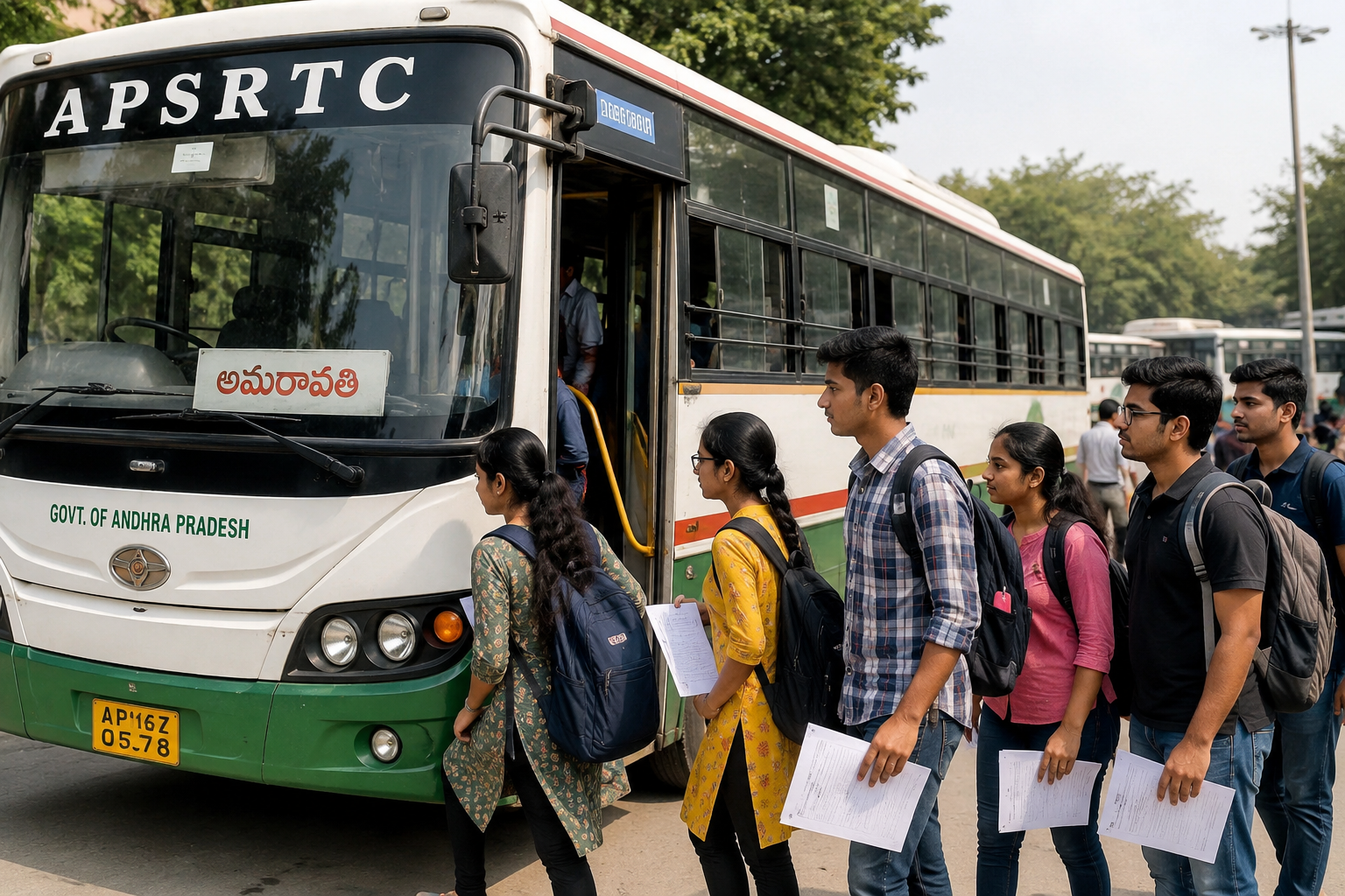 AP NEET students boarding APSRTC buses with NEET hall tickets.