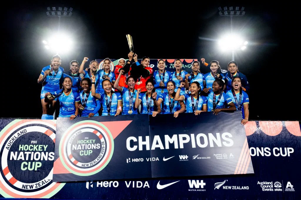 India Women celebrate FIH Hockey Women’s Nations Cup title victory.