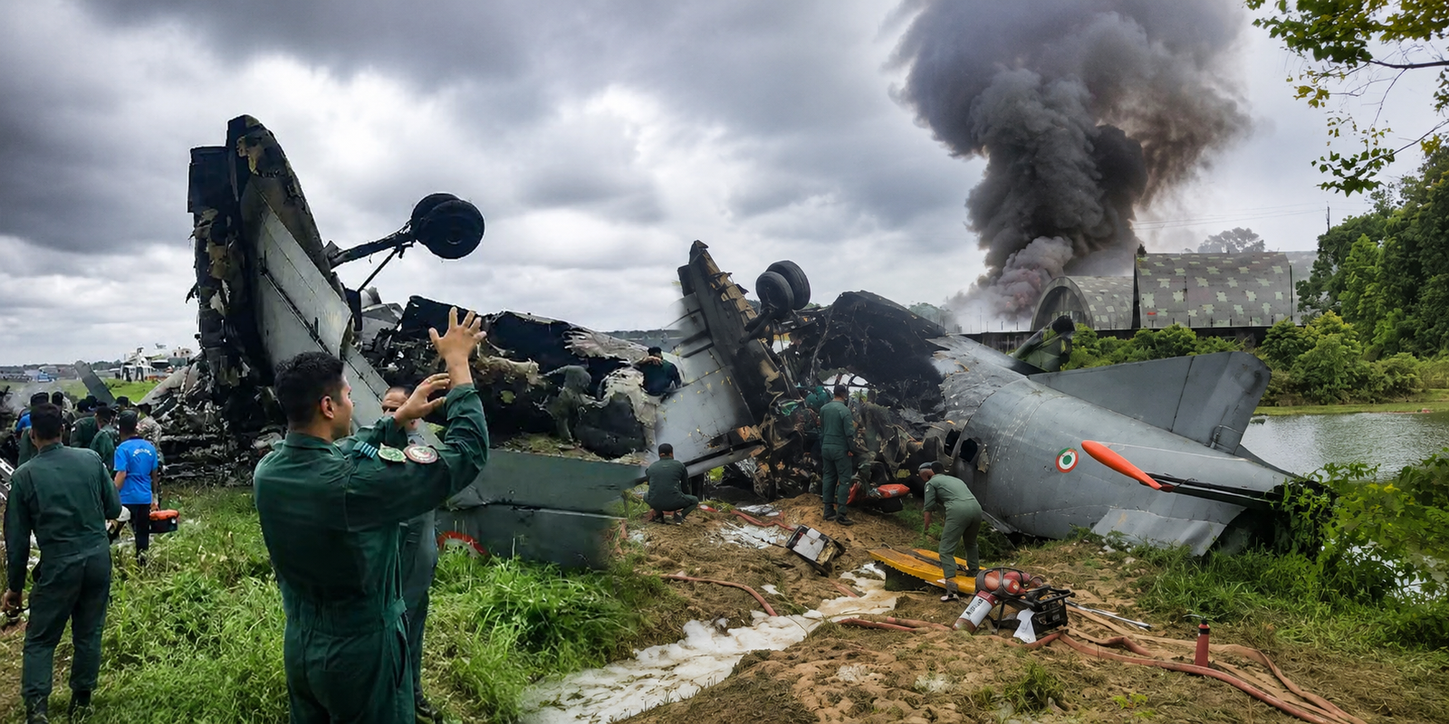Indian Air Force AN-32 transport aircraft after crash at Jorhat Air Force Station in Assam