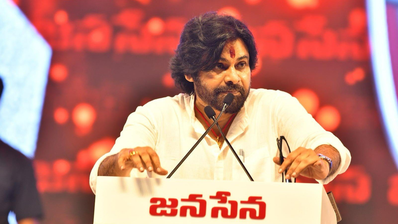 Pawan Kalyan announcing Jana Sena Party's political expansion into Telangana at a public address.