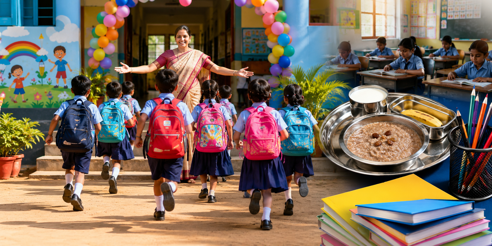 Students entering a government school on the first day of the new academic year in Telangana.