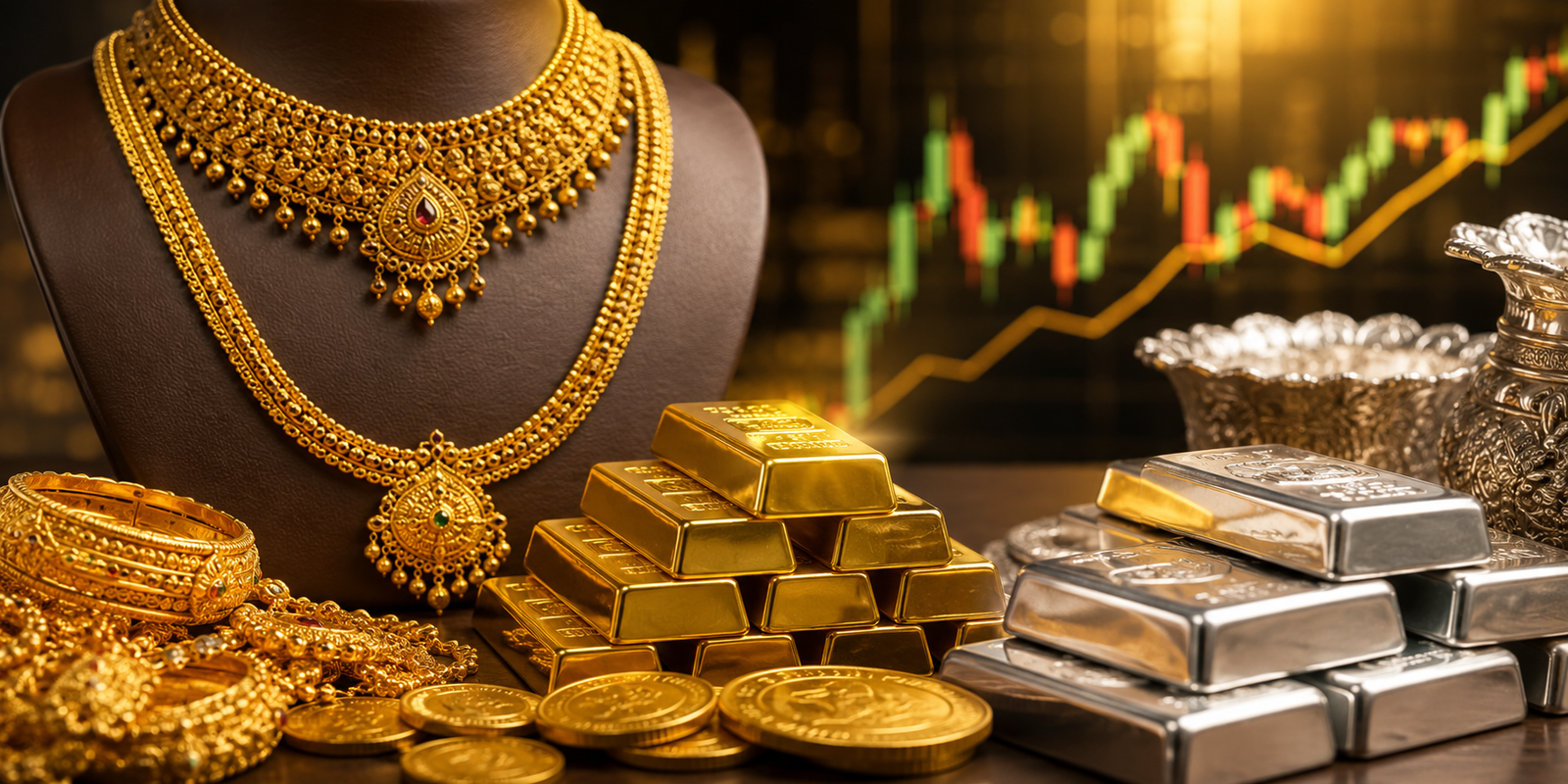 Gold jewellery displayed at a bullion store as gold and silver prices rise in Hyderabad.