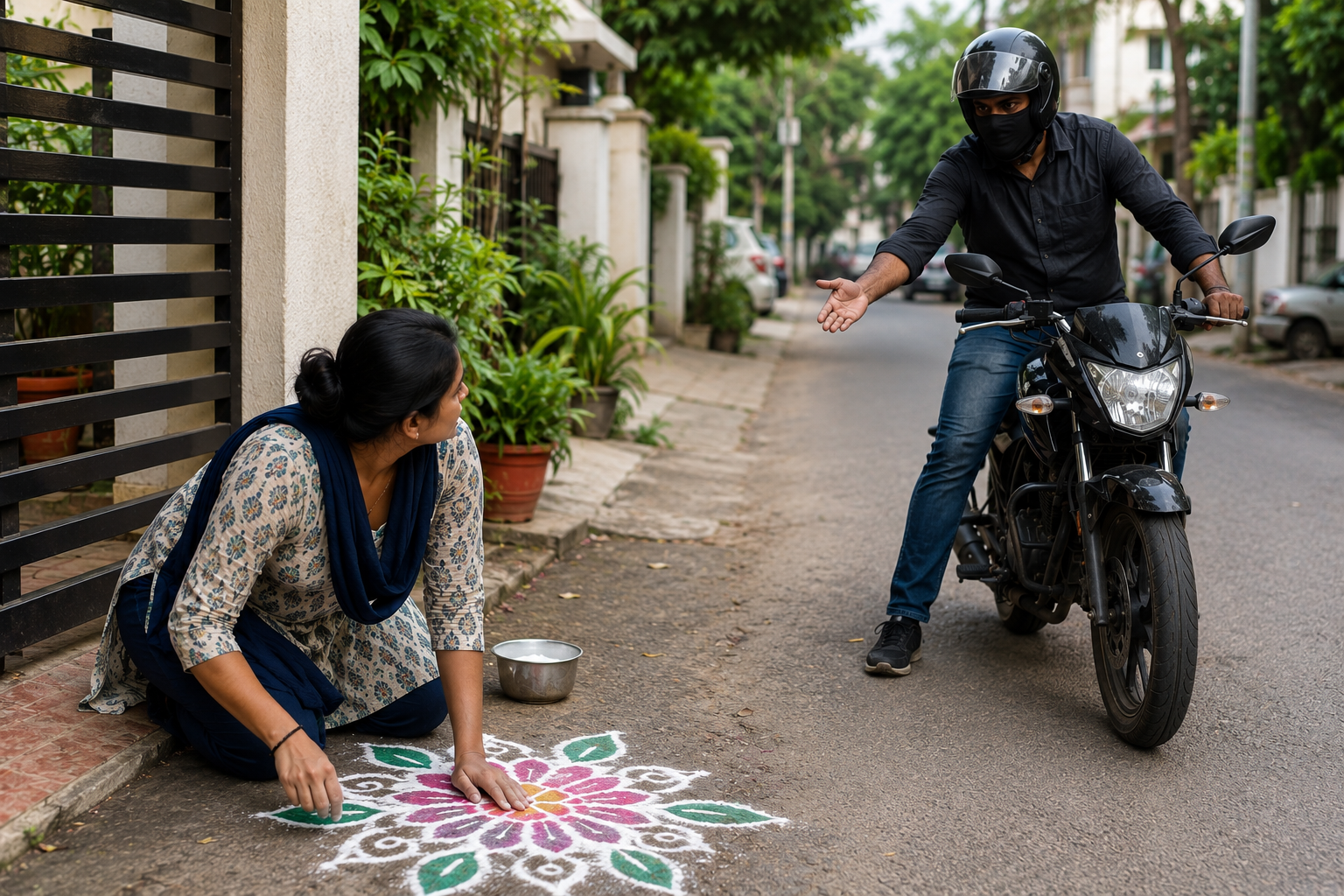 Woman drawing rangoli outside a house in Jubilee Hills.