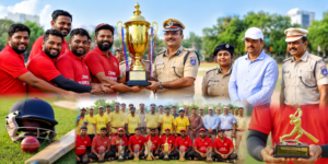 Police Hunters team receiving trophy at Cyberabad Press and Police Friendly Cricket League 2026 closing ceremony