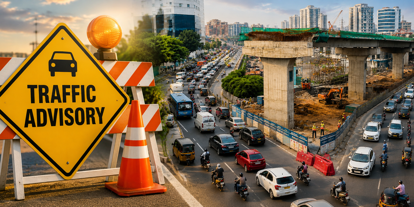 Traffic diversion near Hyderabad IIIT Junction flyover construction.