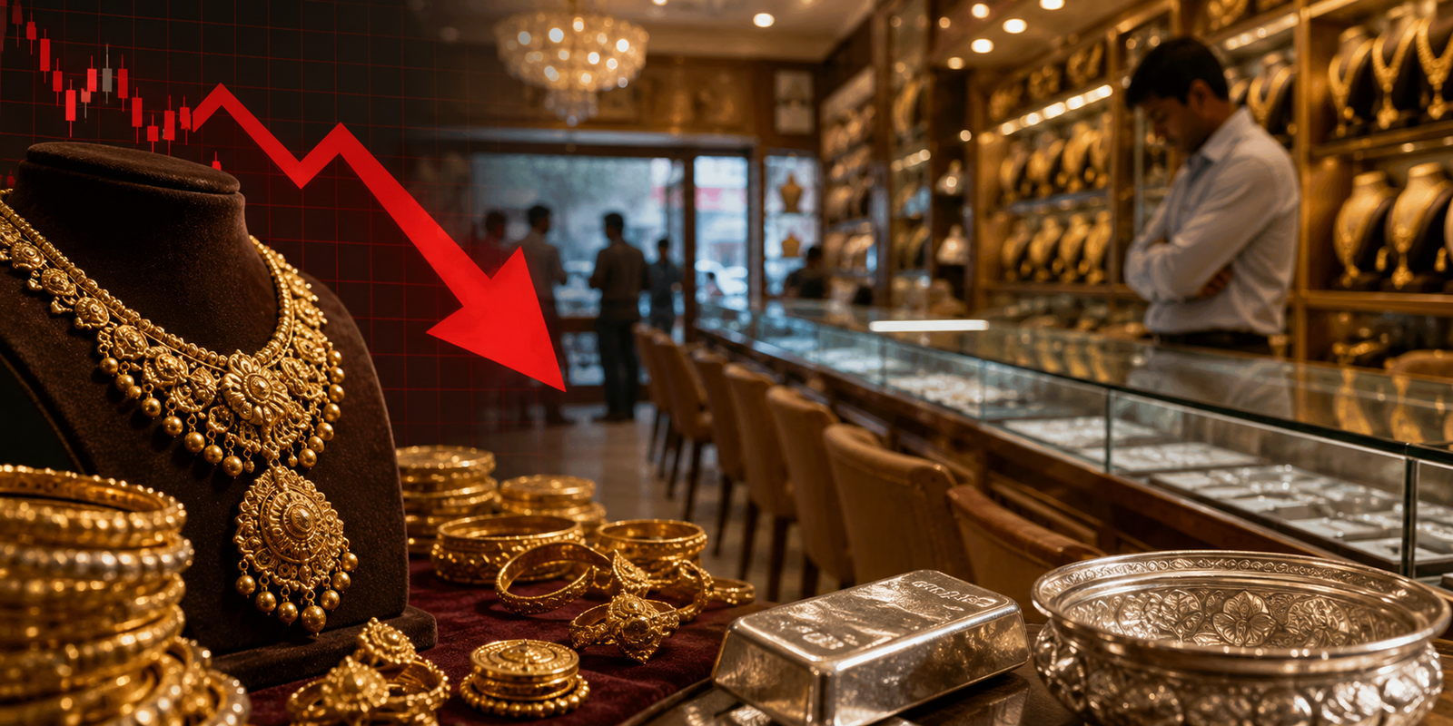 Customers absent at jewellery store despite falling gold and silver prices in Hyderabad.