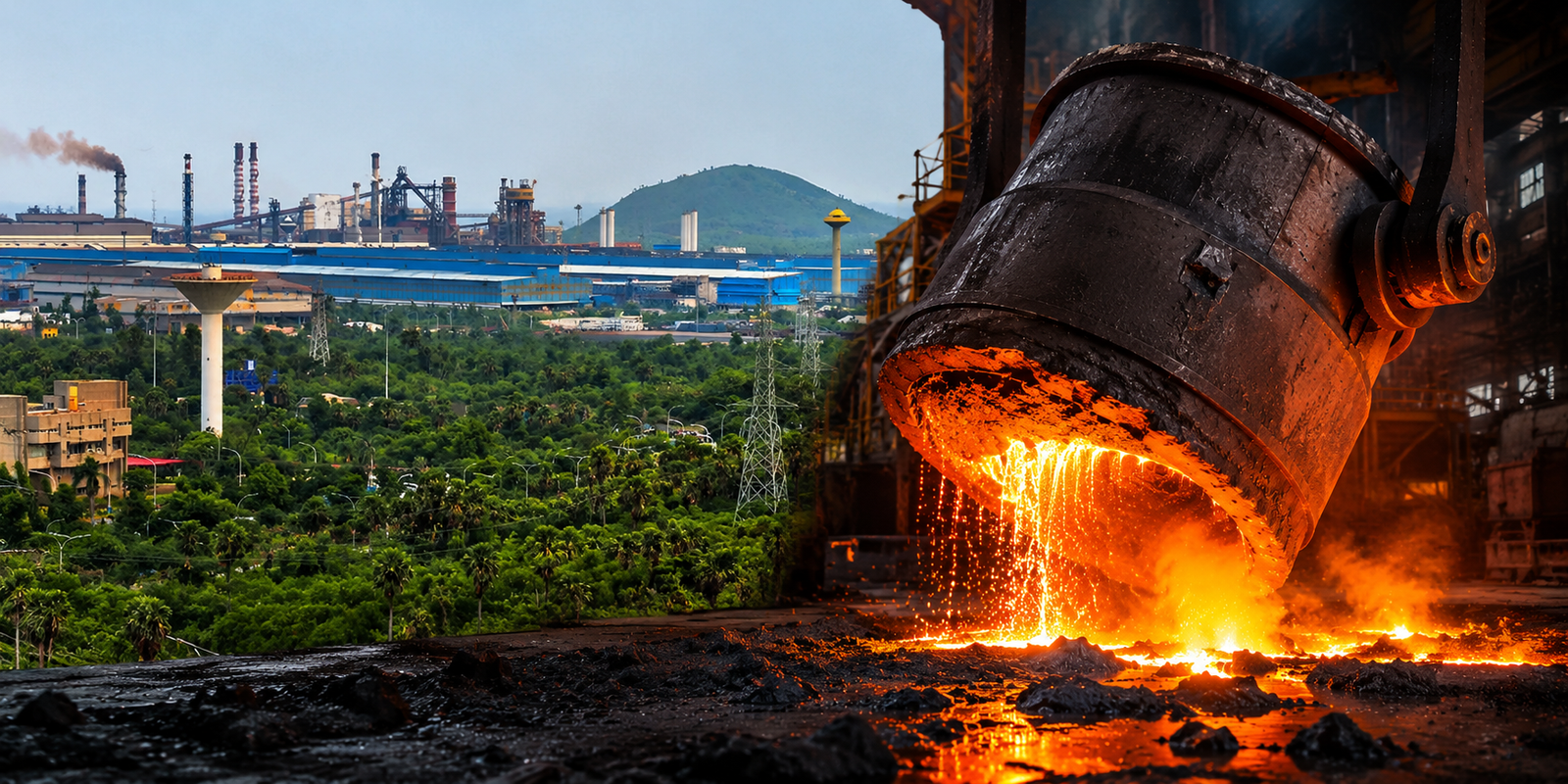 Molten steel leak from ladle at Visakhapatnam Steel Plant during industrial operation.