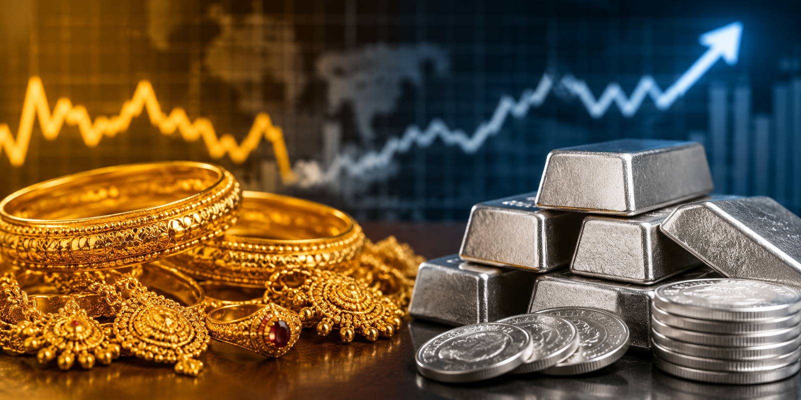 Gold jewellery and silver bars displayed in Hyderabad bullion market amid price fluctuations.