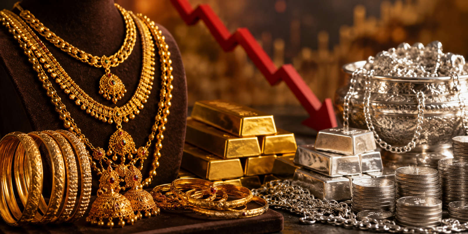 Gold and silver jewellery displayed at a bullion shop amid falling prices in Hyderabad.