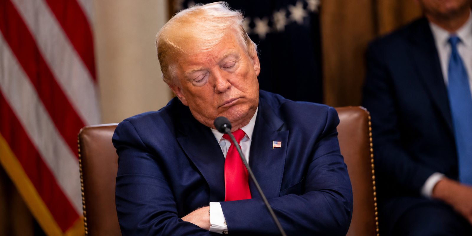 Donald Trump seated during a White House Oval Office briefing amid renewed sleeping controversy.