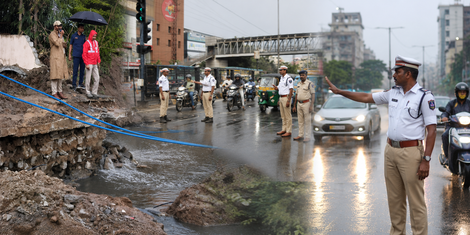 Cyberabad traffic police managing vehicle movement during heavy rainfall in Hyderabad.