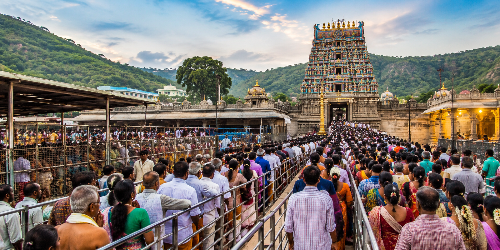 Devotees standing in long queues for darshan at Srisailam Mallikarjuna Swamy Temple on Monday.