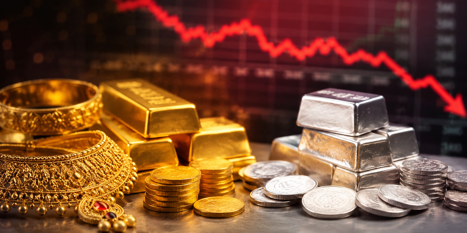 Gold jewellery and silver bars displayed in a Hyderabad bullion market amid falling prices.