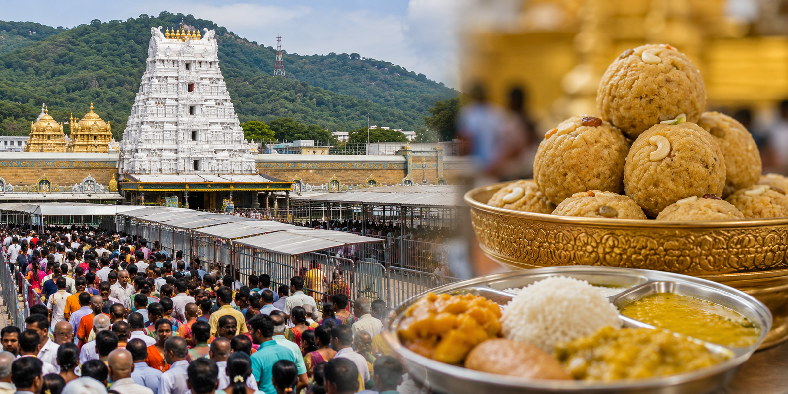 Devotees waiting in long queues at Tirumala temple.