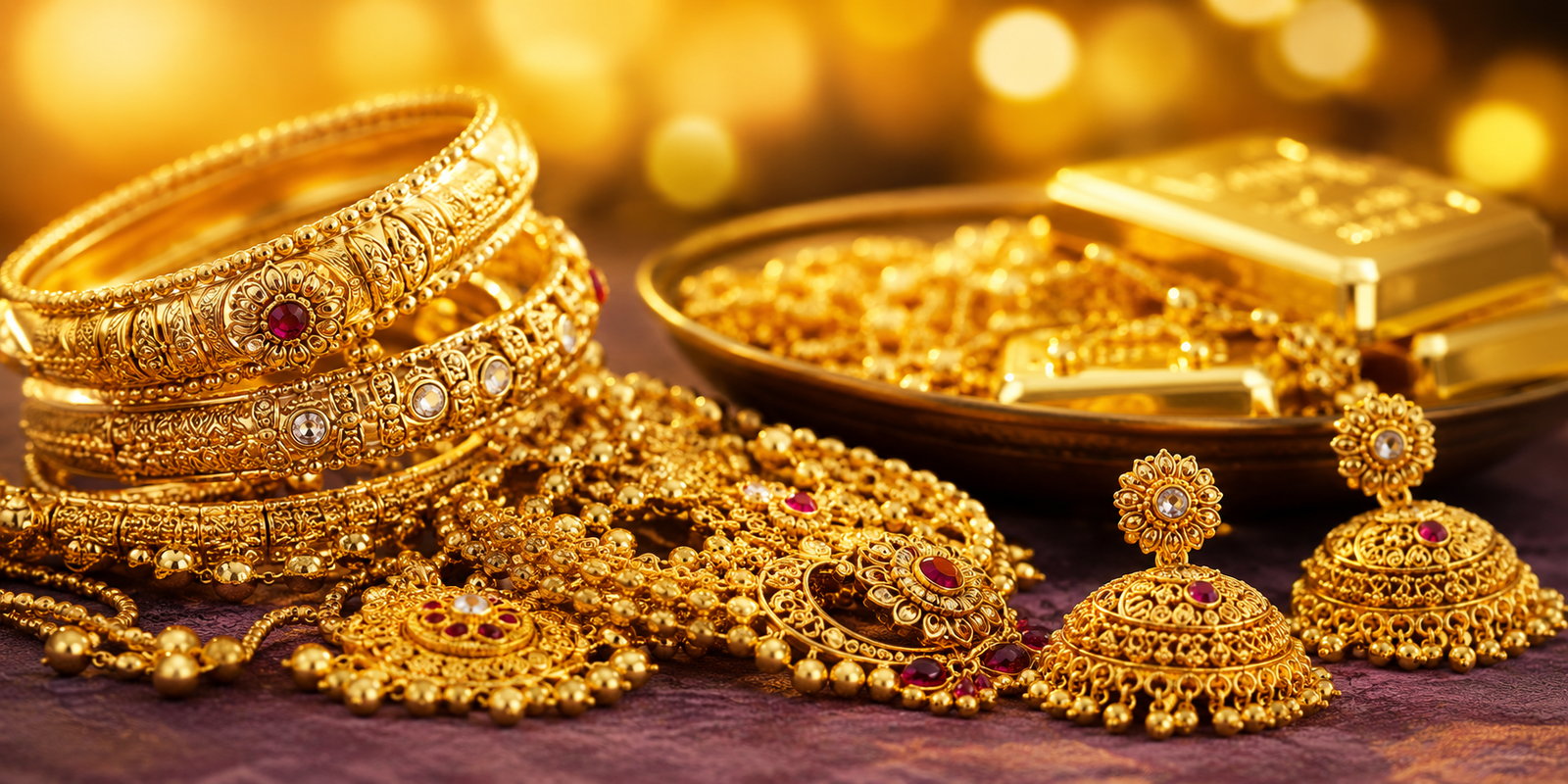 24K and 22K gold jewellery displayed in a jewellery showroom