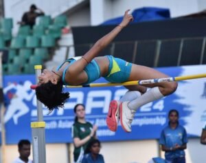 Pooja Singh celebrates after winning Asian U20 Athletics Championships 2026 gold with a record-breaking 1.93m high jump.