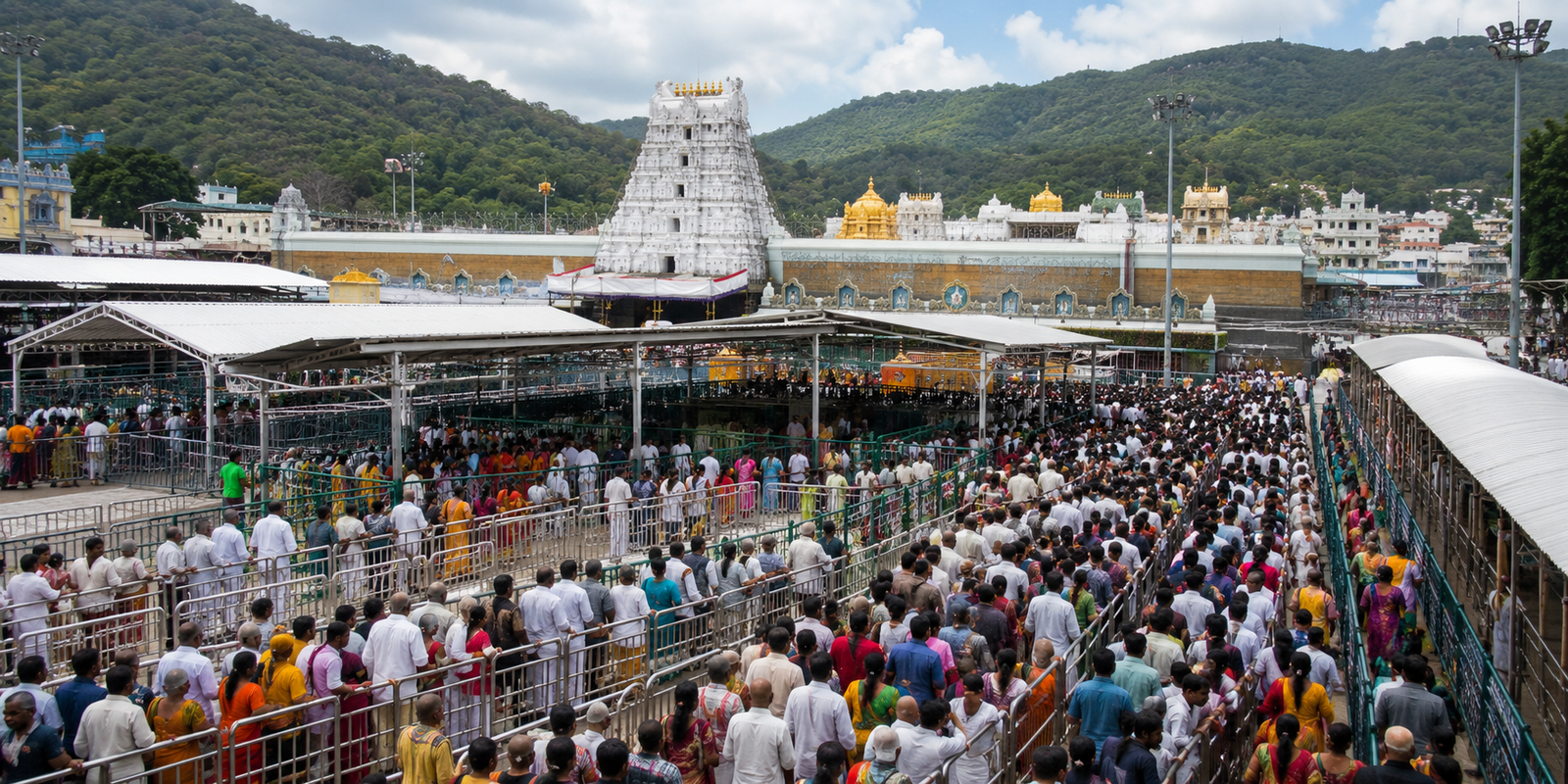 Devotees waiting in long queues at Tirumala Vaikuntam Queue Complex for Srivari darshan.