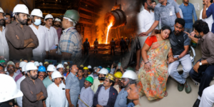 Pawan Kalyan inspecting Visakhapatnam Steel Plant accident site and meeting injured workers.