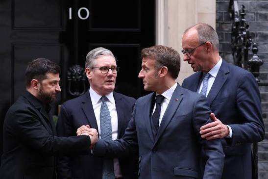 Ukraine President Volodymyr Zelensky with UK, France and Germany leaders discussing peace conditions for ending the Russia-Ukraine war.