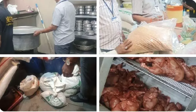 Food safety officials inspecting spoiled meat in a hotel kitchen.