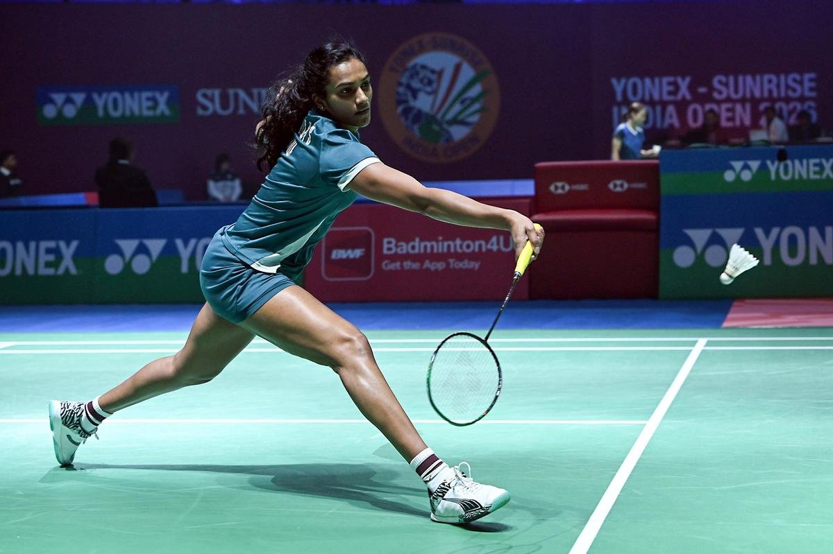 PV Sindhu celebrates after defeating Han Yue at Japan Open.
